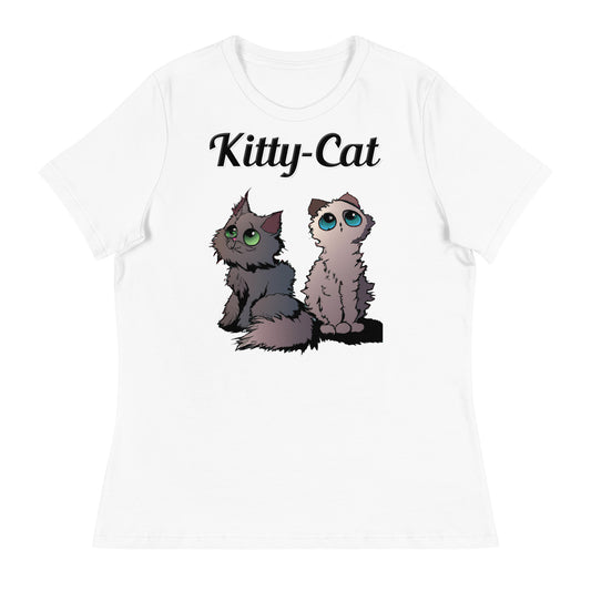 Women's White T-Shirt with text Two Cute Kittens with a text "Kitty-Cat" at $25.97 found at Personalizedpetlovergifts