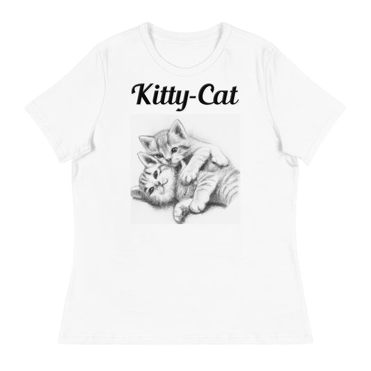 Women's White T-Shirt with text Two Cute Kittens Hugging Pencil Drawing with a text "Kitty-Cat" at $25.97 found at Personalizedpetlovergifts