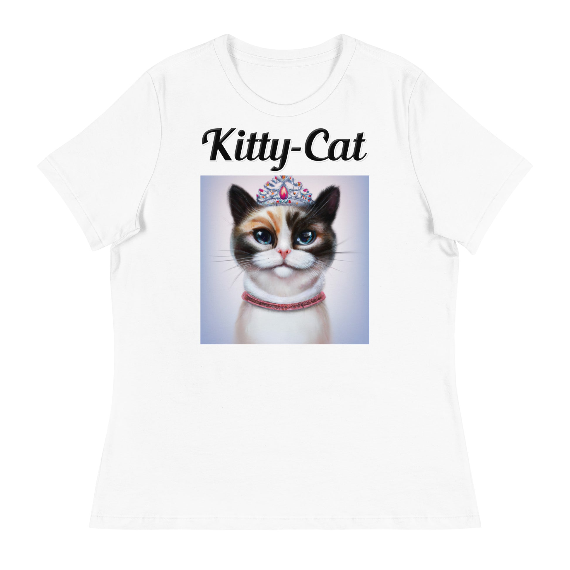 Women's White T-Shirt with text Tri-Colored Cat With A Tiara with a text "Kitty-Cat" at $25.97 found at Personalizedpetlovergifts