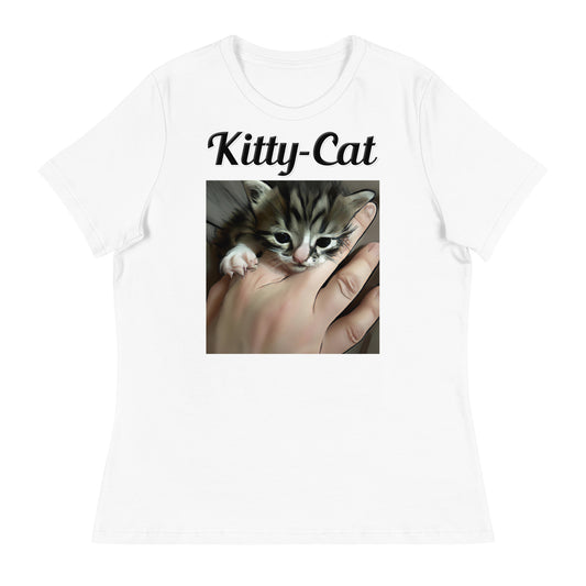 Women's White T-Shirt with text Tiny Kitten In Hand with a text "Kitty-Cat" at $25.97 found at Personalizedpetlovergifts