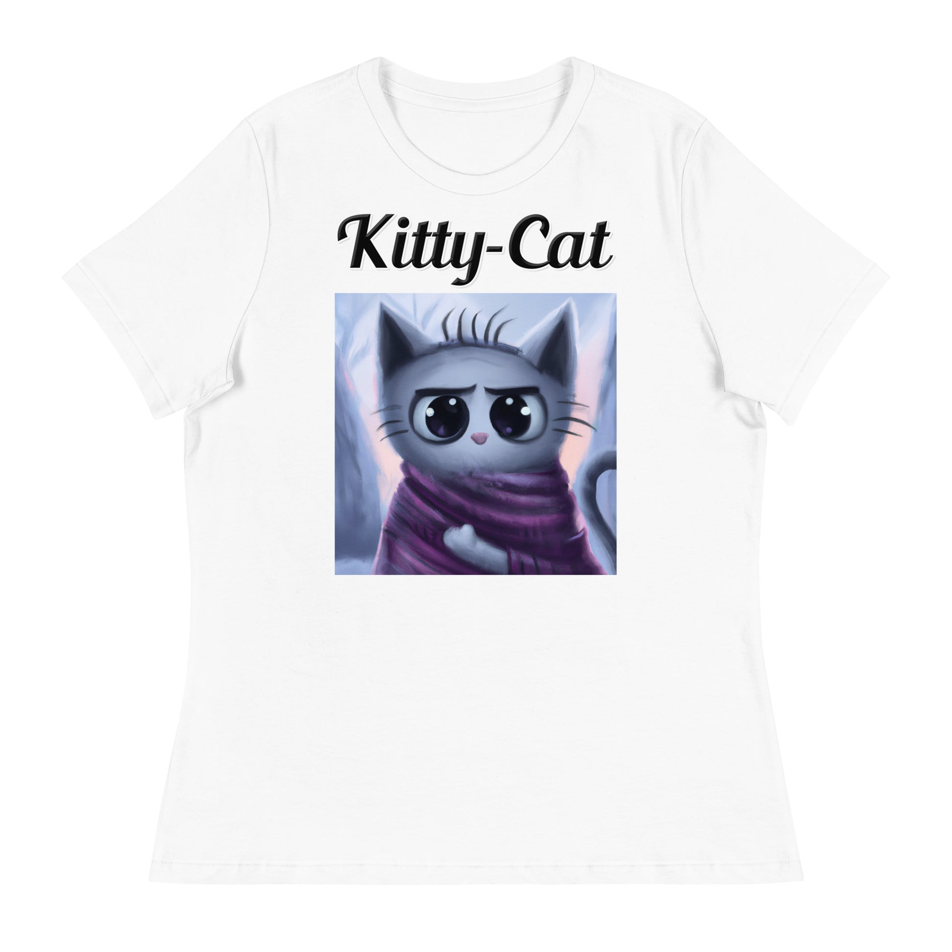 Women's White T-Shirt with text Surprised Kitten In A Shawl with a text "Kitty-Cat" at $25.97 found at Personalizedpetlovergifts