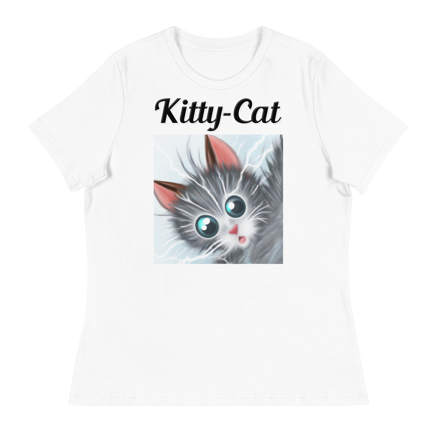 Women's White T-Shirt with text Surprised Gray Kitten with a text "Kitty-Cat" at $25.97 found at Personalizedpetlovergifts