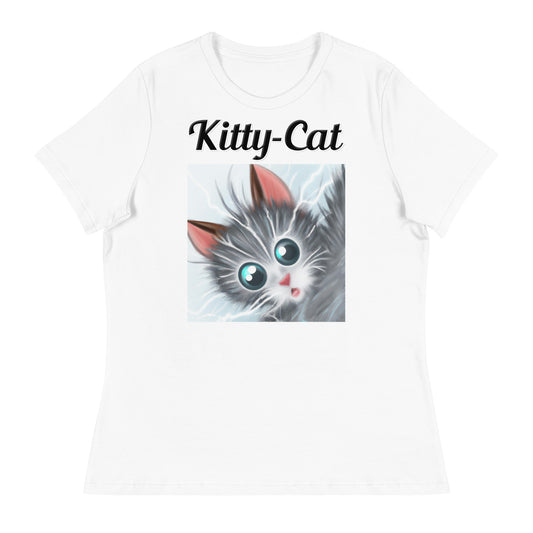 Women's White T-Shirt with text Surprised Gray Kitten with a text "Kitty-Cat" at $25.97 found at Personalizedpetlovergifts