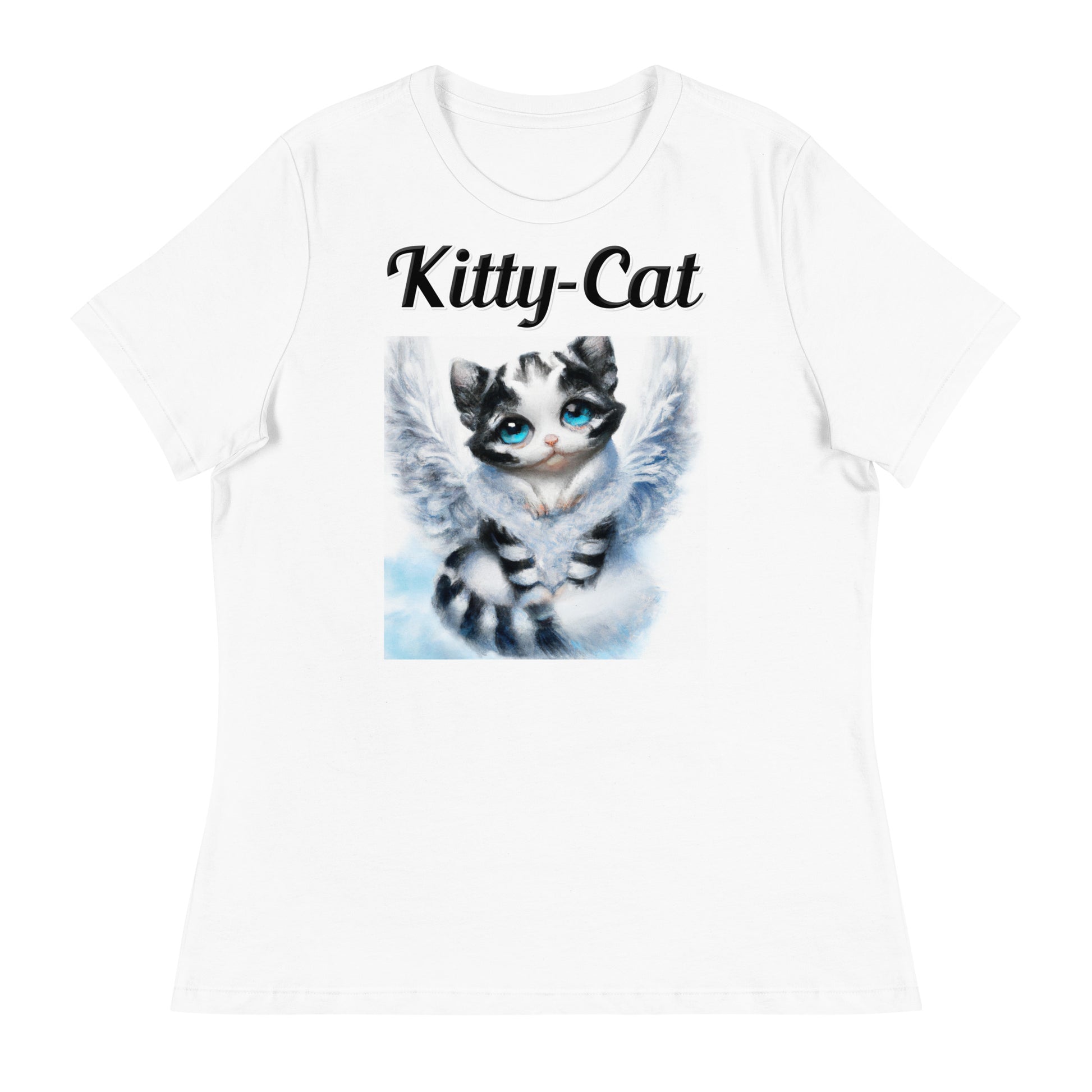 Women's White T-Shirt with text Striped Angel Kitten with a text "Kitty-Cat" at $25.97 found at Personalizedpetlovergifts