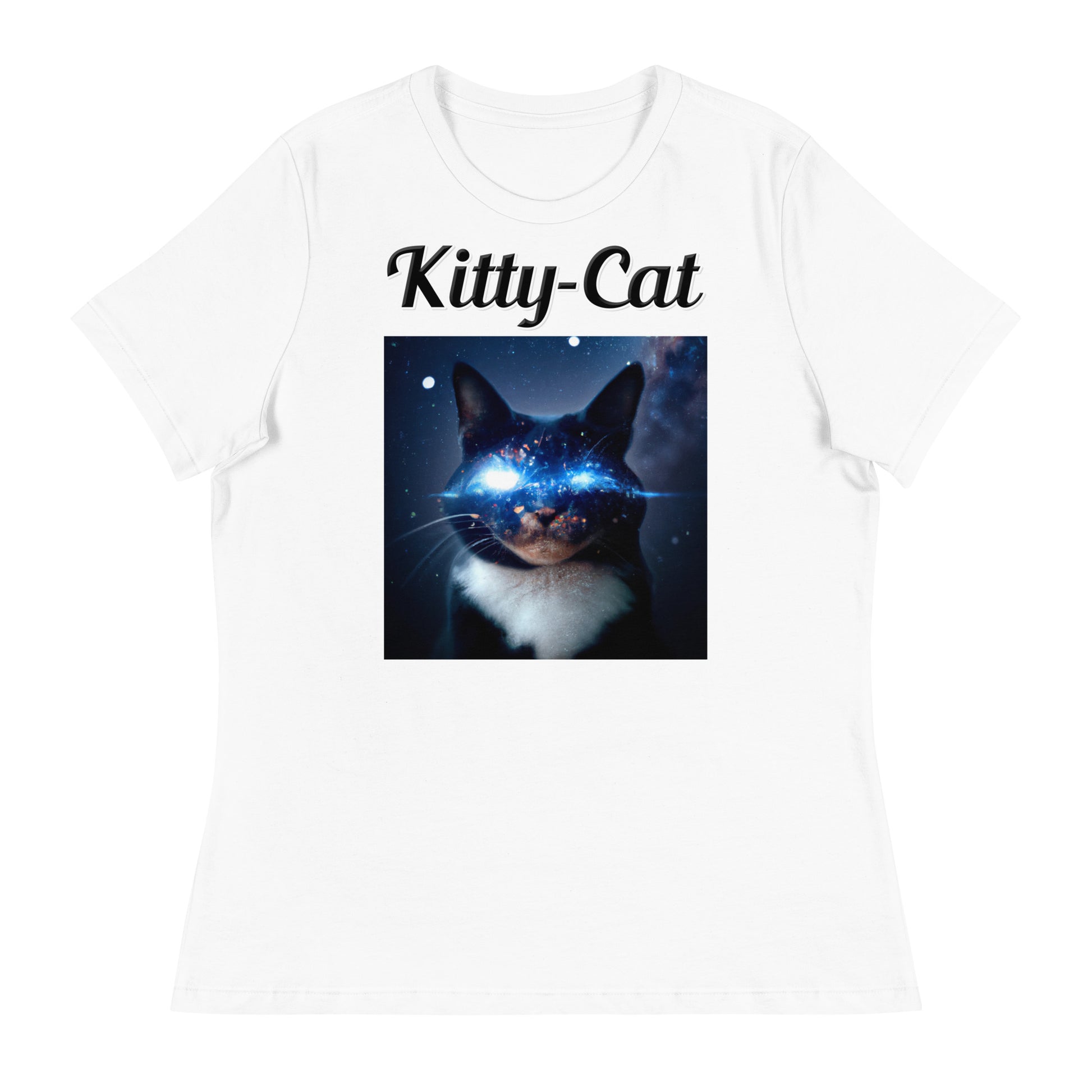 Women's White T-Shirt with text Space Eyed Cat with a text "Kitty-Cat" at $25.97 found at Personalizedpetlovergifts