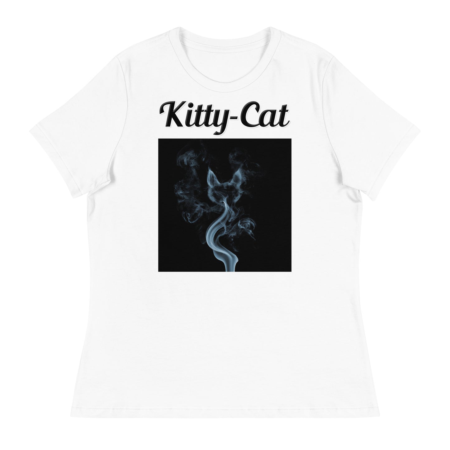 Women's White T-Shirt with text Smoke Shaped like A Cat with a text "Kitty-Cat" at $25.97 found at Personalizedpetlovergifts