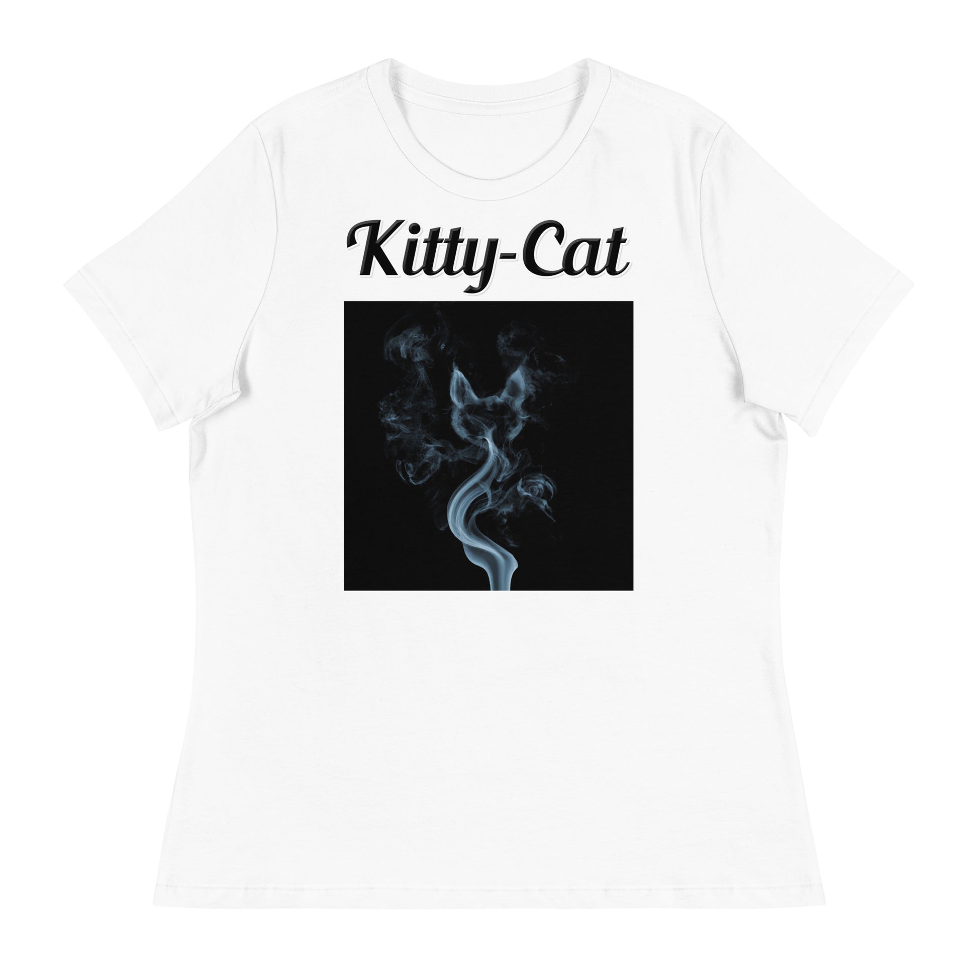 Women's White T-Shirt with text Smoke Shaped like A Cat with a text "Kitty-Cat" at $25.97 found at Personalizedpetlovergifts