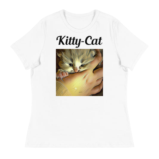 Women's White T-Shirt with text Small Kitten In Hand with a text "Kitty-Cat" at $25.97 found at Personalizedpetlovergifts