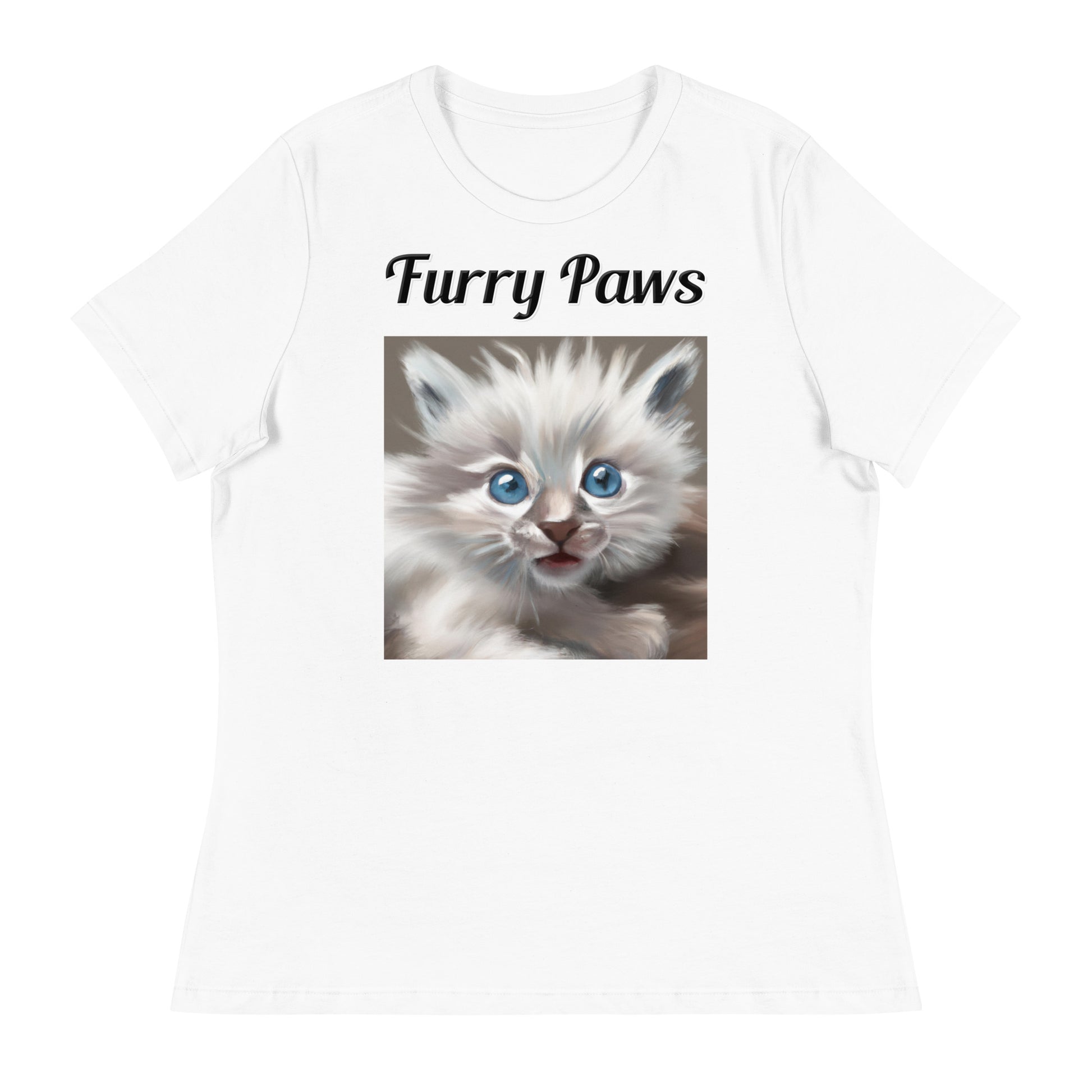 Women's White T-Shirt with text Wispy Kitten Painting with a text "Furry Paws" at $25.97 found at Personalizedpetlovergifts