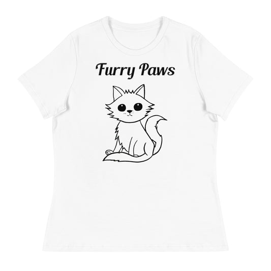 Women's White T-Shirt with text Wispy Kitten Line Art with a text "Furry Paws" at $25.97 found at Personalizedpetlovergifts