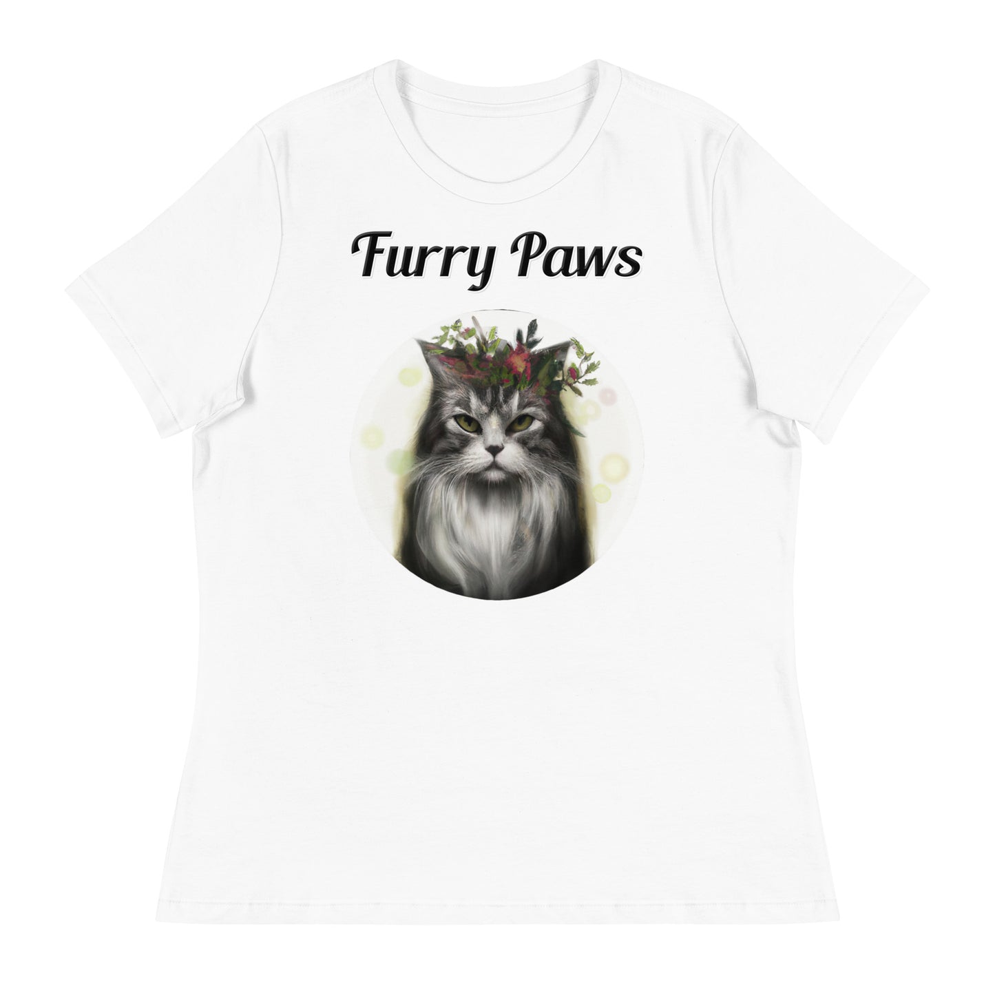 Women's White T-Shirt with text Wispy Haired Cat With Flowers with a text "Furry Paws" at $25.97 found at Personalizedpetlovergifts