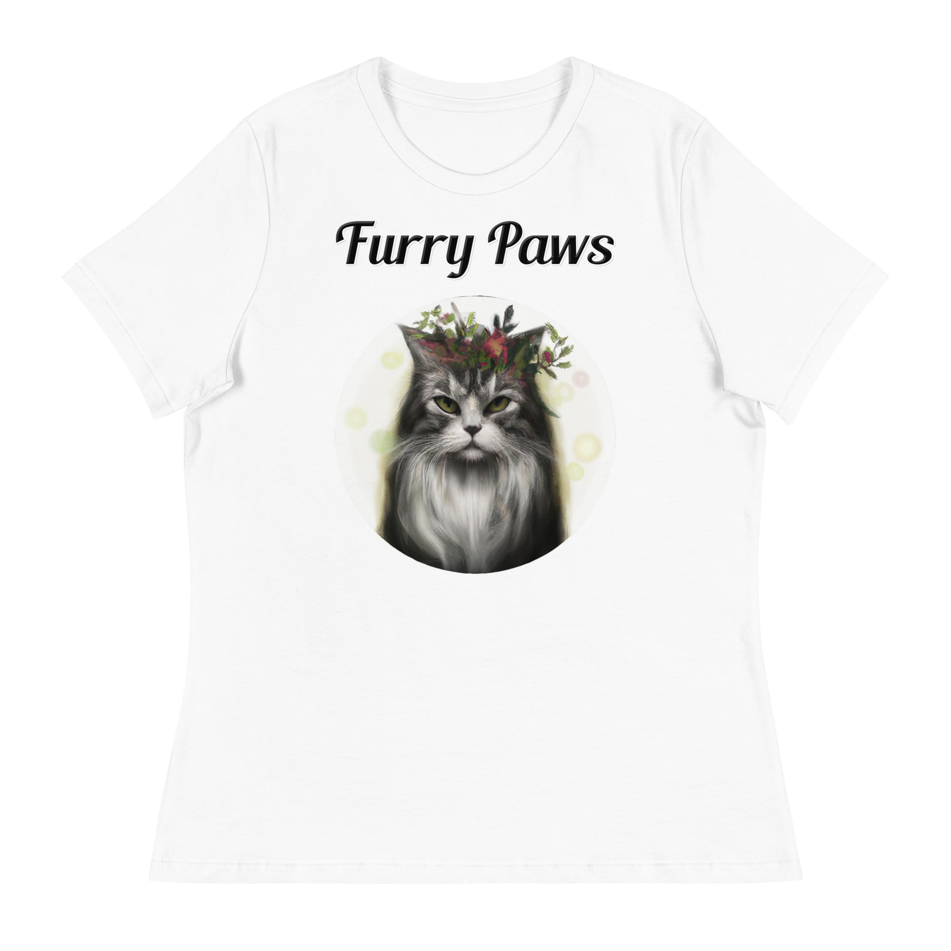 Women's White T-Shirt with text Wispy Haired Cat With Flowers with a text "Furry Paws" at $25.97 found at Personalizedpetlovergifts