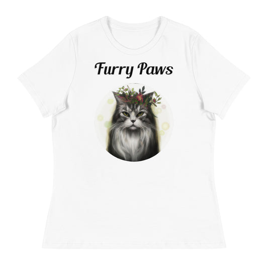 Women's White T-Shirt with text Wispy Haired Cat With Flowers with a text "Furry Paws" at $25.97 found at Personalizedpetlovergifts