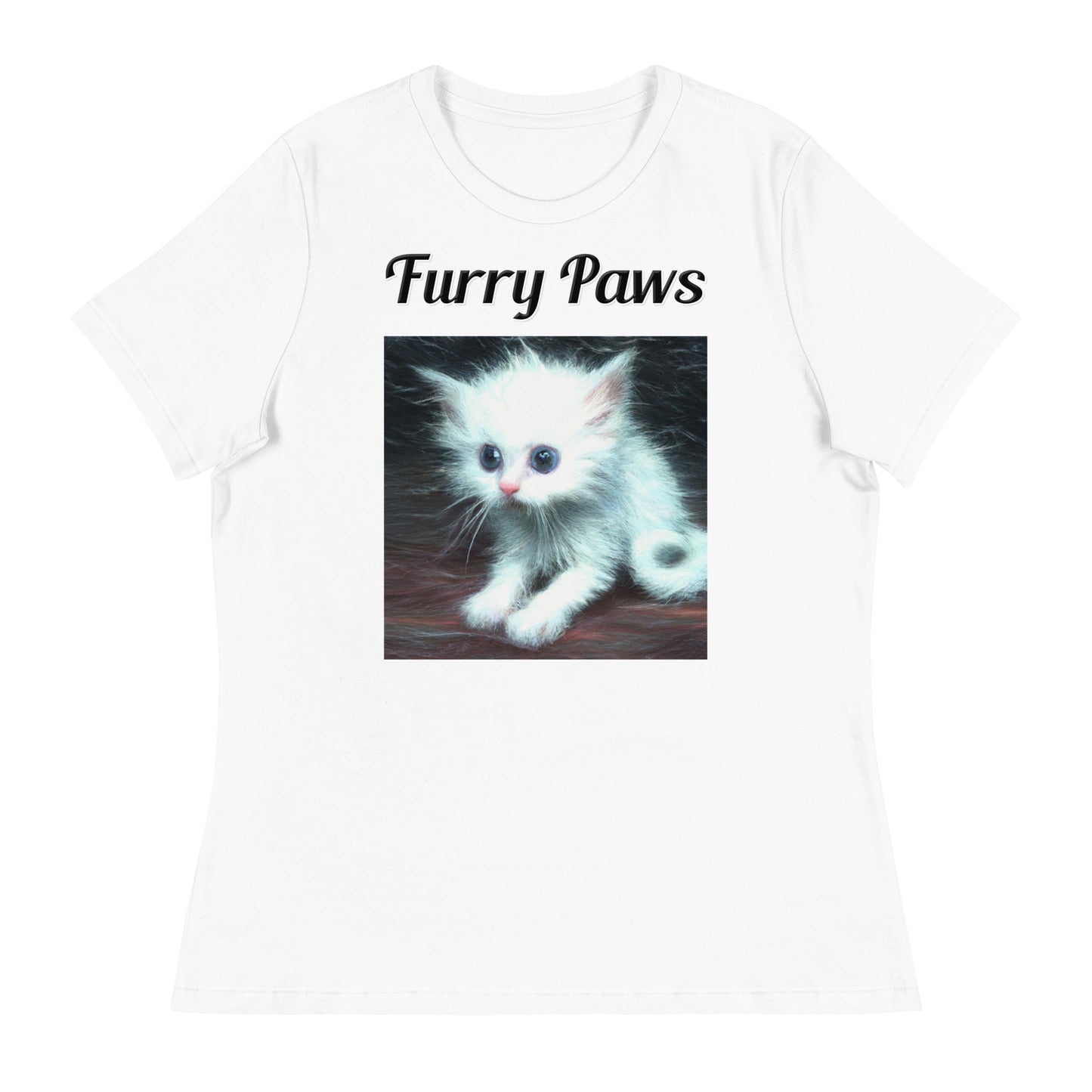 Women's White T-Shirt with text Wispy Furred Kitten with a text "Furry Paws" at $25.97 found at Personalizedpetlovergifts