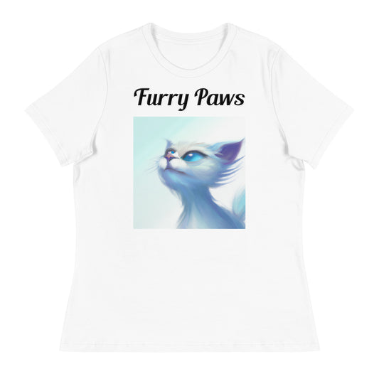 Women's White T-Shirt with text White Wind Swept Kitten With Blue Eyes with a text "Furry Paws" at $25.97 found at Personalizedpetlovergifts