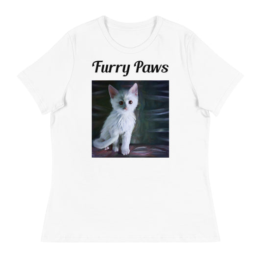 Women's White T-Shirt with text White White Cat with a text "Furry Paws" at $25.97 found at Personalizedpetlovergifts