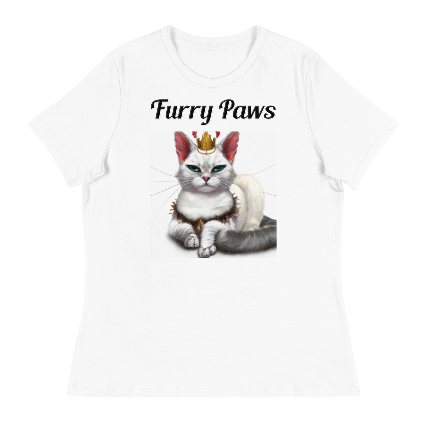 Women's White T-Shirt with text White Queen Cat with a text "Furry Paws" at $25.97 found at Personalizedpetlovergifts