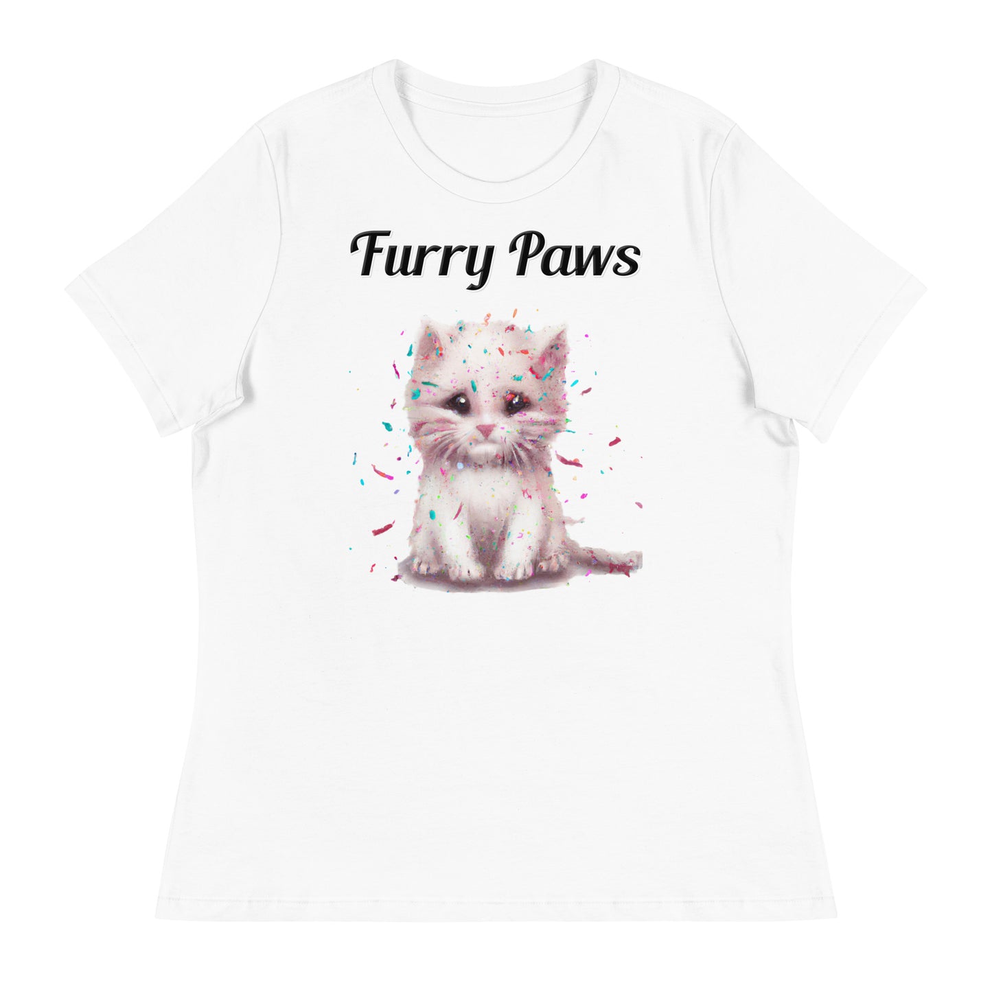 Women's White T-Shirt with text White Kitten With Confetti with a text "Furry Paws" at $25.97 found at Personalizedpetlovergifts