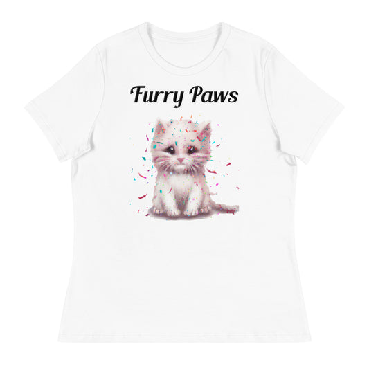 Women's White T-Shirt with text White Kitten With Confetti with a text "Furry Paws" at $25.97 found at Personalizedpetlovergifts