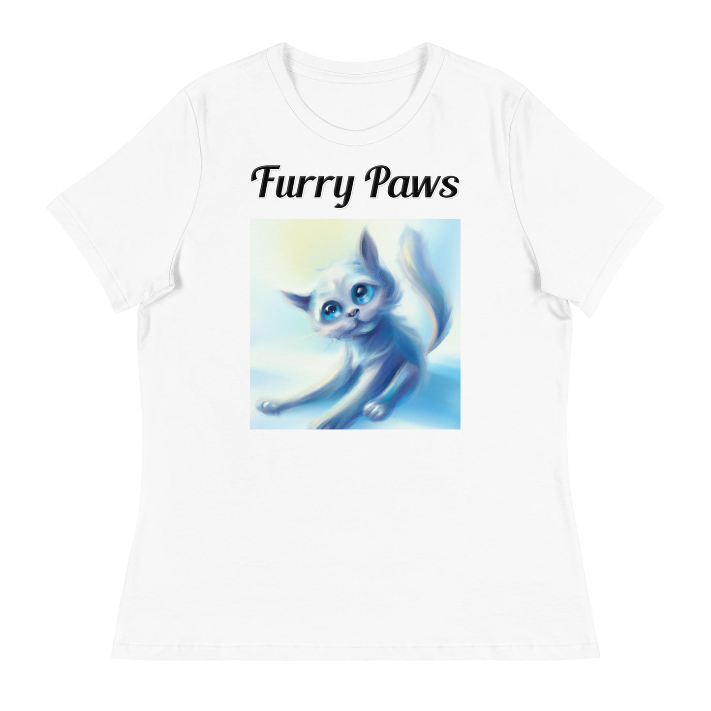 Women's White T-Shirt with text White Kitten Stretching with a text "Furry Paws" at $25.97 found at Personalizedpetlovergifts