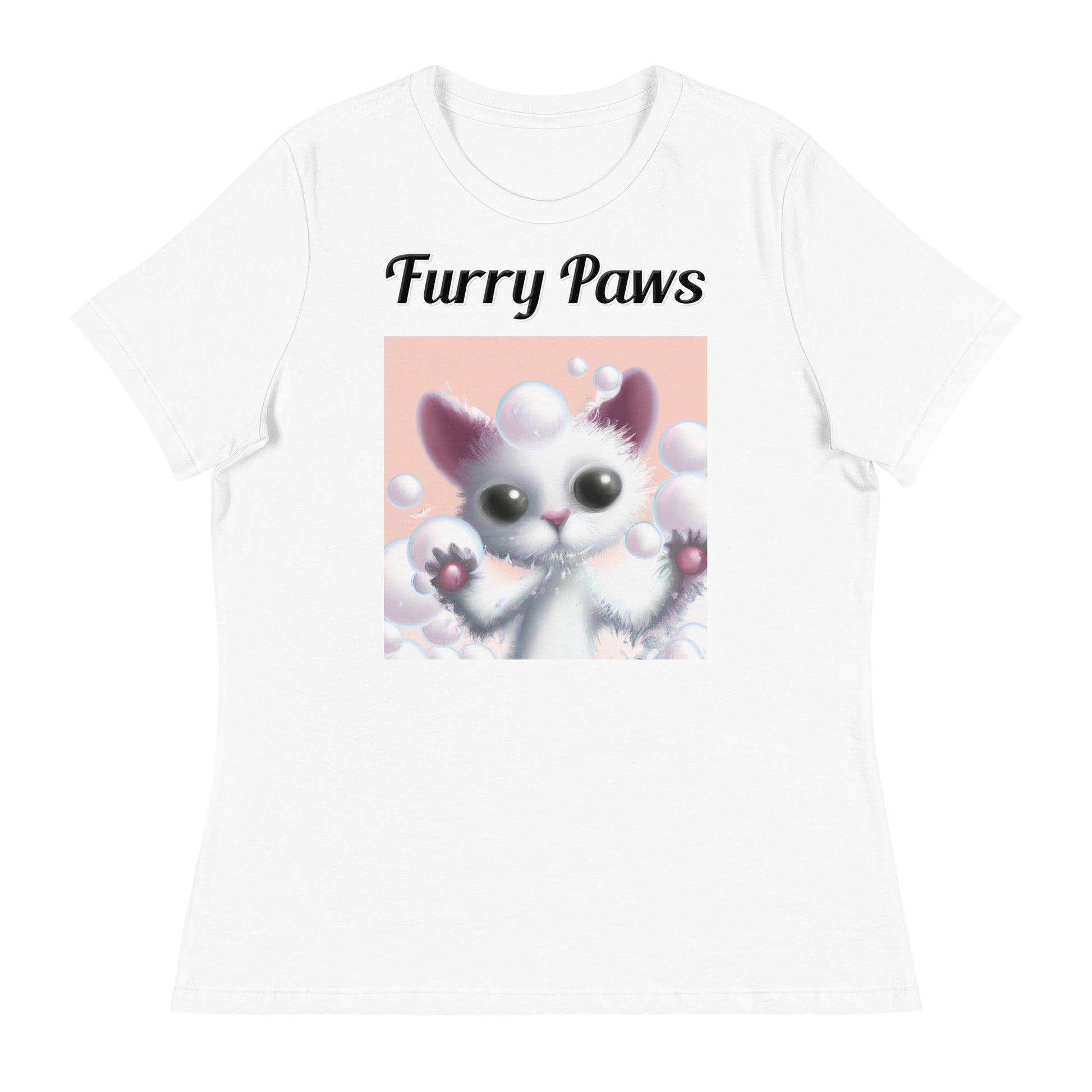 Women's White T-Shirt with text White Kitten Playing With Bubbles with a text "Furry Paws" at $25.97 found at Personalizedpetlovergifts