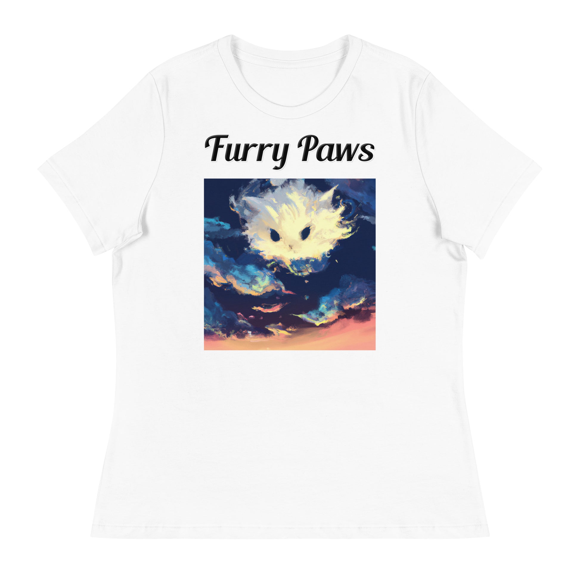 Women's White T-Shirt with text White Kitten Cloud Painting with a text "Furry Paws" at $25.97 found at Personalizedpetlovergifts