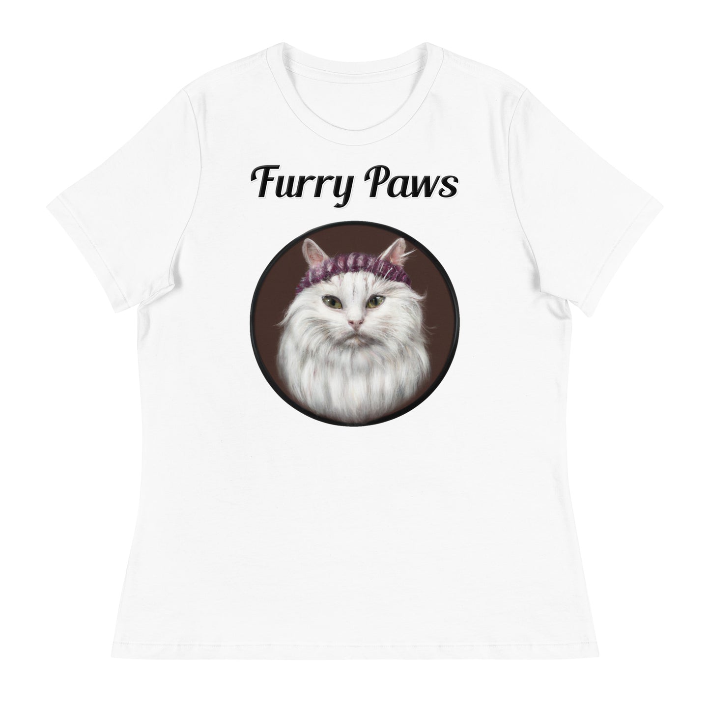 Women's White T-Shirt with text White Fluffy Kitten With a Knit Headband with a text "Furry Paws" at $25.97 found at Personalizedpetlovergifts