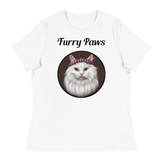 Women's White T-Shirt with text White Fluffy Kitten With a Knit Headband with a text "Furry Paws" at $25.97 found at Personalizedpetlovergifts