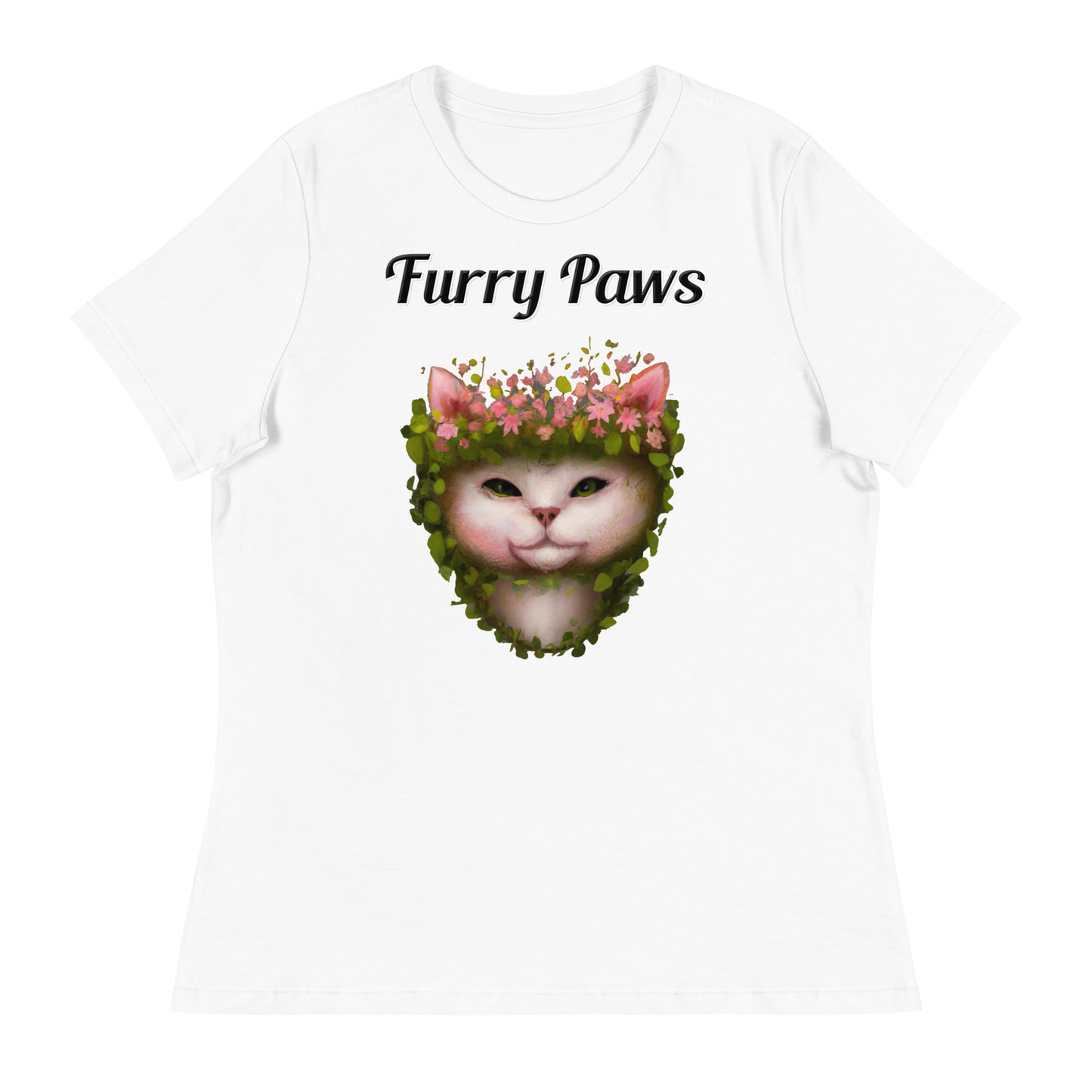 Women's White T-Shirt with text White Cat With Flowers with a text "Furry Paws" at $25.97 found at Personalizedpetlovergifts