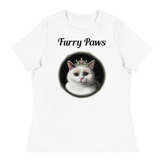 Women's White T-Shirt with text White Cat With a Tiara with a text "Furry Paws" at $25.97 found at Personalizedpetlovergifts