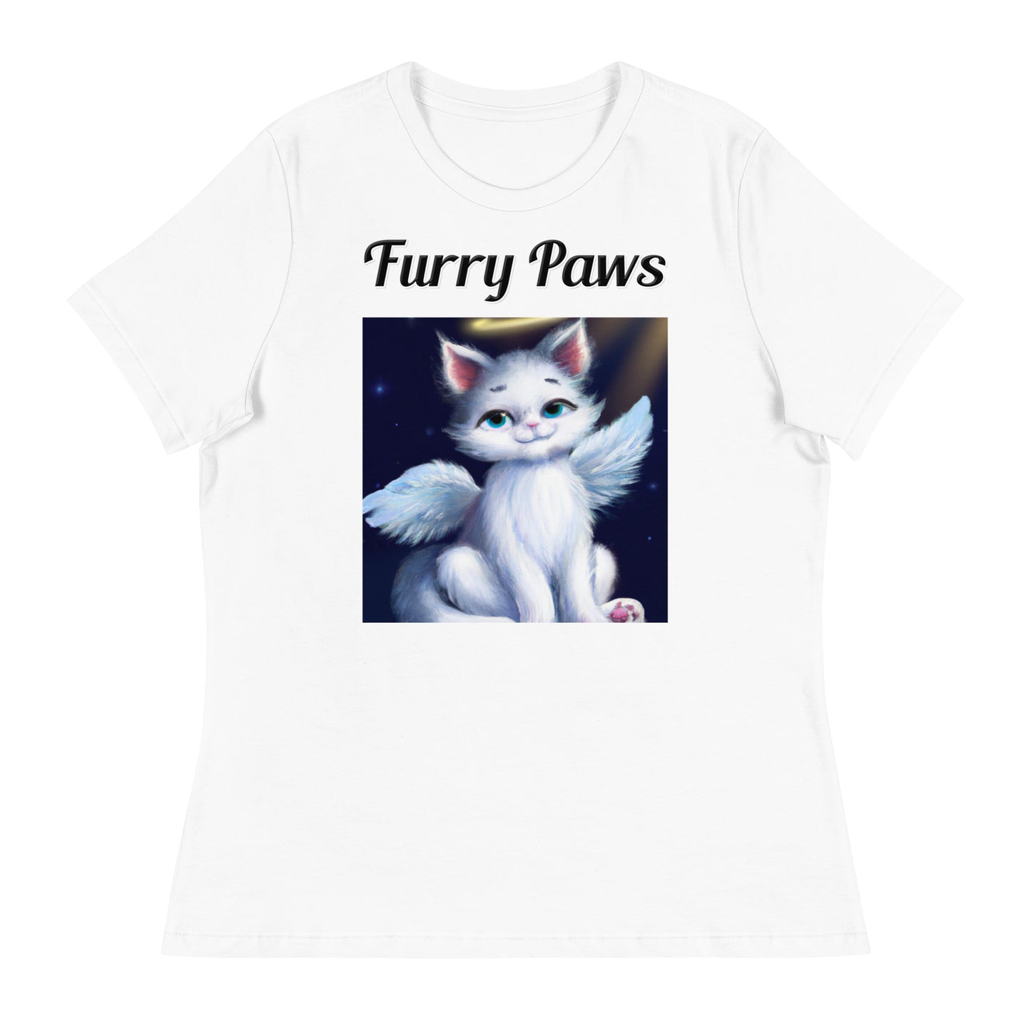 Women's White T-Shirt with text White Angel Cat with a text "Furry Paws" at $25.97 found at Personalizedpetlovergifts