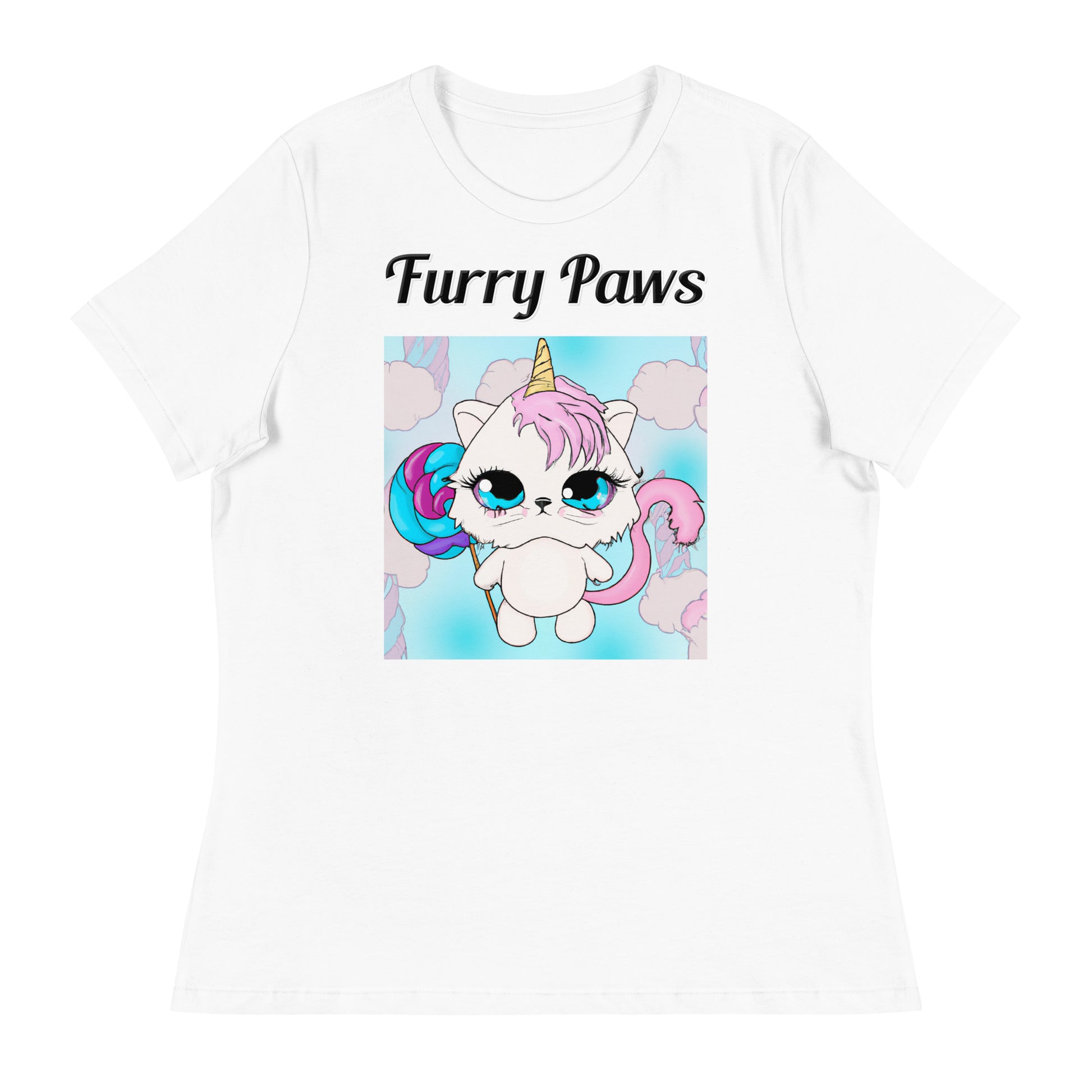 Women's White T-Shirt with text Unicorn Kitten With Lollipop with a text "Furry Paws" at $25.97 found at Personalizedpetlovergifts