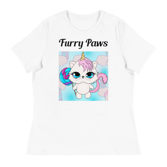 Women's White T-Shirt with text Unicorn Kitten With Lollipop with a text "Furry Paws" at $25.97 found at Personalizedpetlovergifts