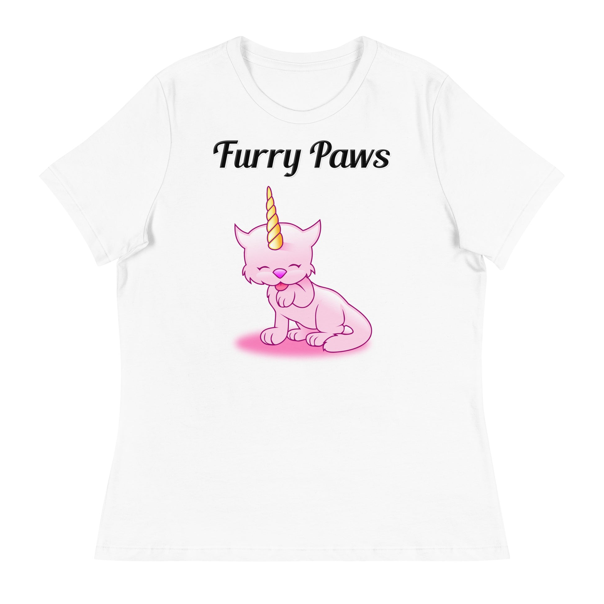 Women's White T-Shirt with text Unicorn Cat Licking Its Paw with a text "Furry Paws" at $25.97 found at Personalizedpetlovergifts