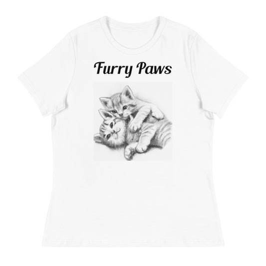 Women's White T-Shirt with text Two Cute Kittens Hugging Pencil Drawing with a text "Furry Paws" at $25.97 found at Personalizedpetlovergifts