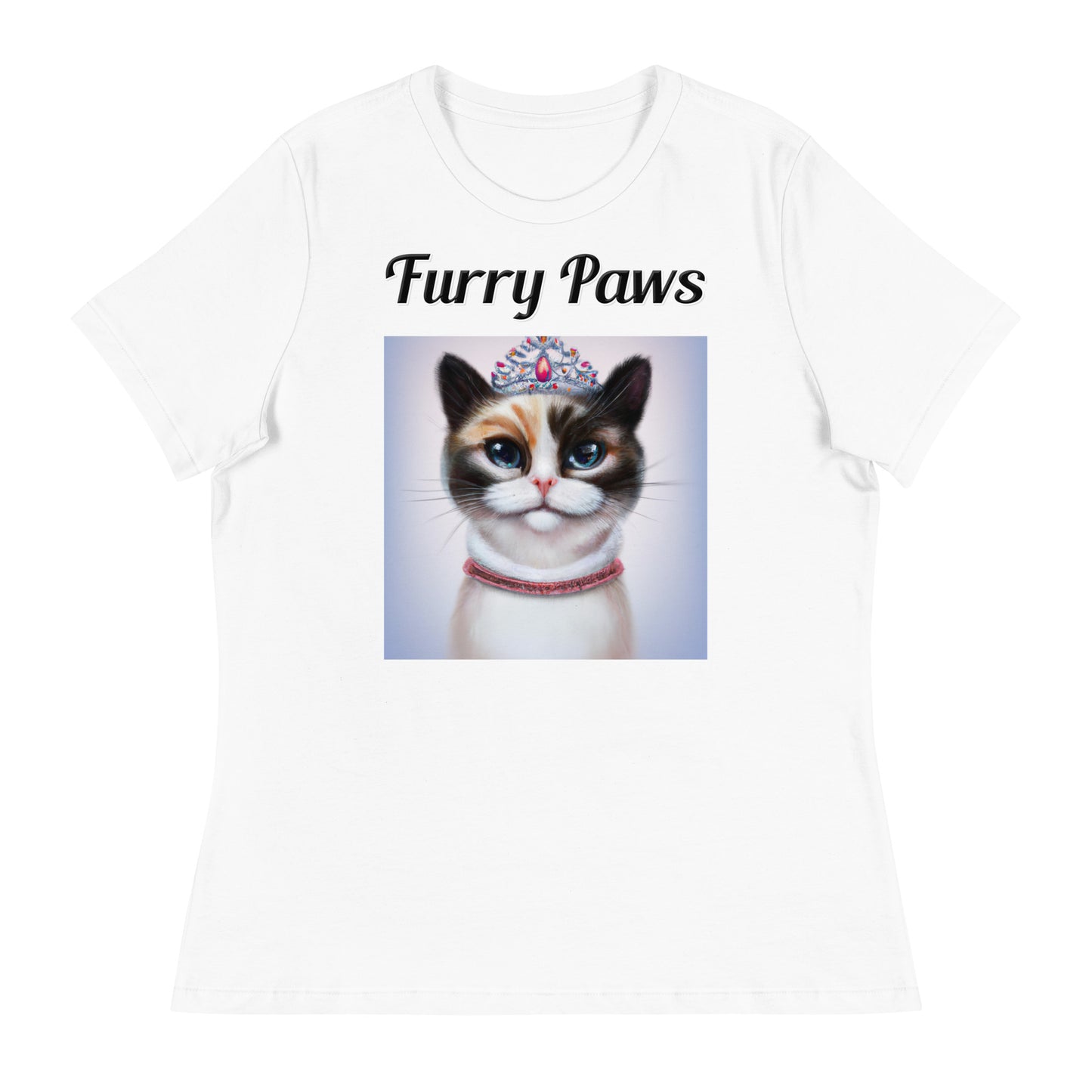 Women's White T-Shirt with text Tri-Colored Cat With A Tiara with a text "Furry Paws" at $25.97 found at Personalizedpetlovergifts