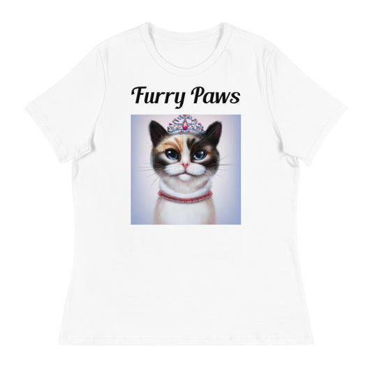 Women's White T-Shirt with text Tri-Colored Cat With A Tiara with a text "Furry Paws" at $25.97 found at Personalizedpetlovergifts