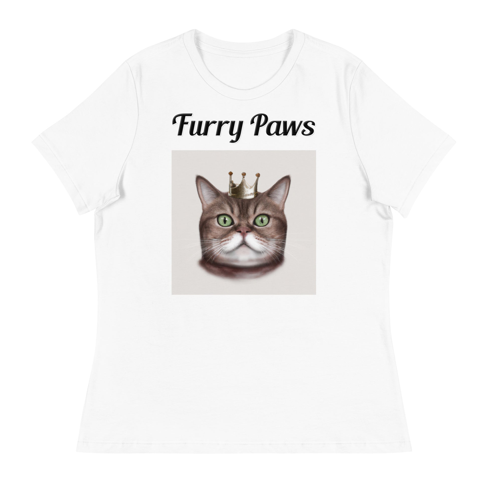 Women's White T-Shirt with text Thick Cat With a Crown with a text "Furry Paws" at $25.97 found at Personalizedpetlovergifts