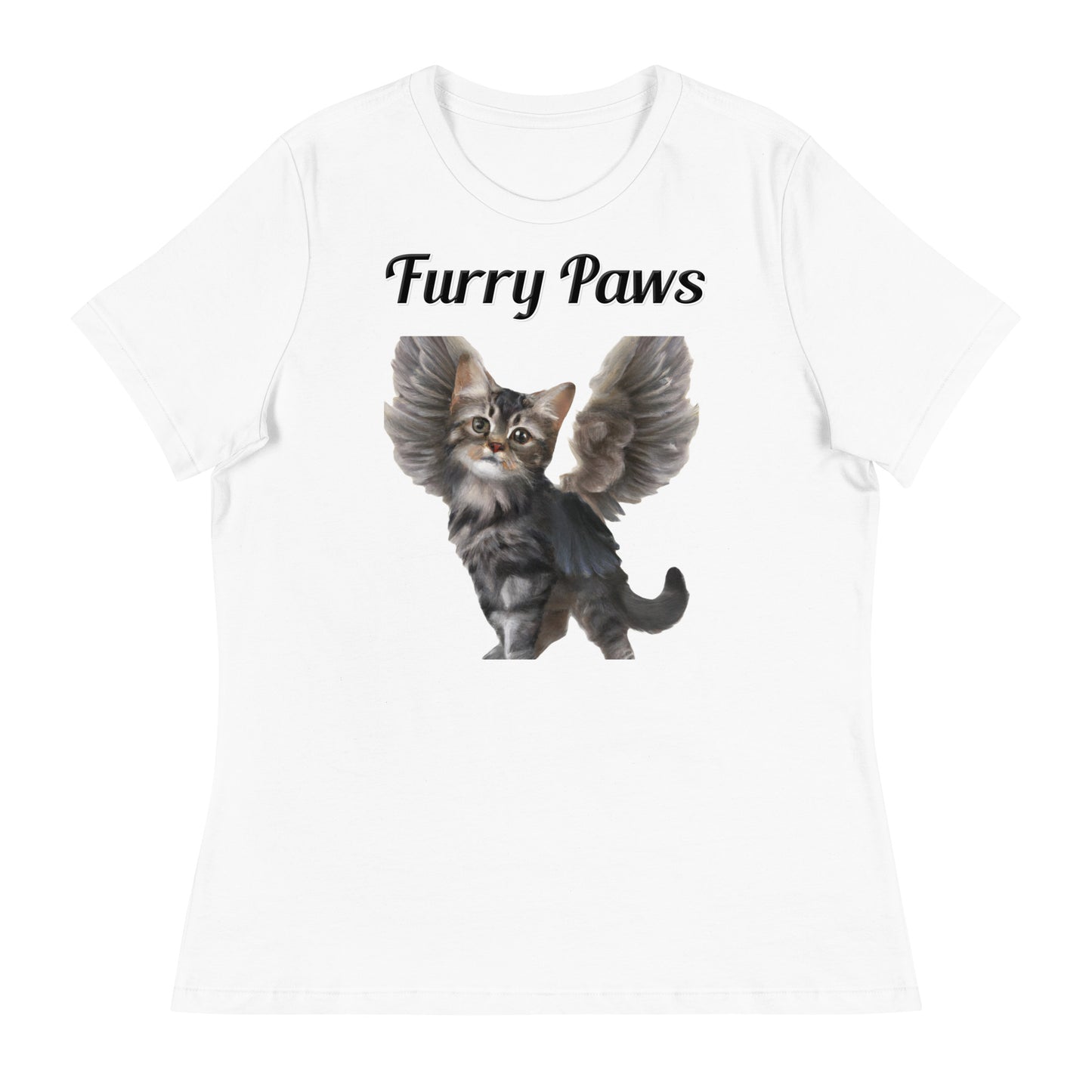 Women's White T-Shirt with text Tabby Cat With Angel Wings with a text "Furry Paws" at $25.97 found at Personalizedpetlovergifts