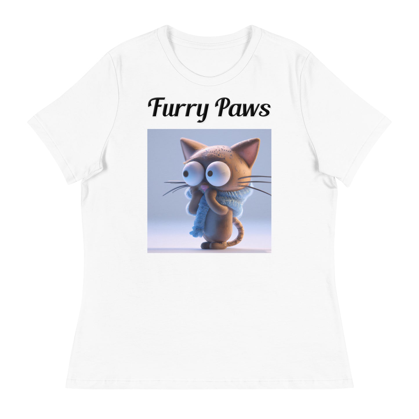 Women's White T-Shirt with text Surprised Kitten with a text "Furry Paws" at $25.97 found at Personalizedpetlovergifts