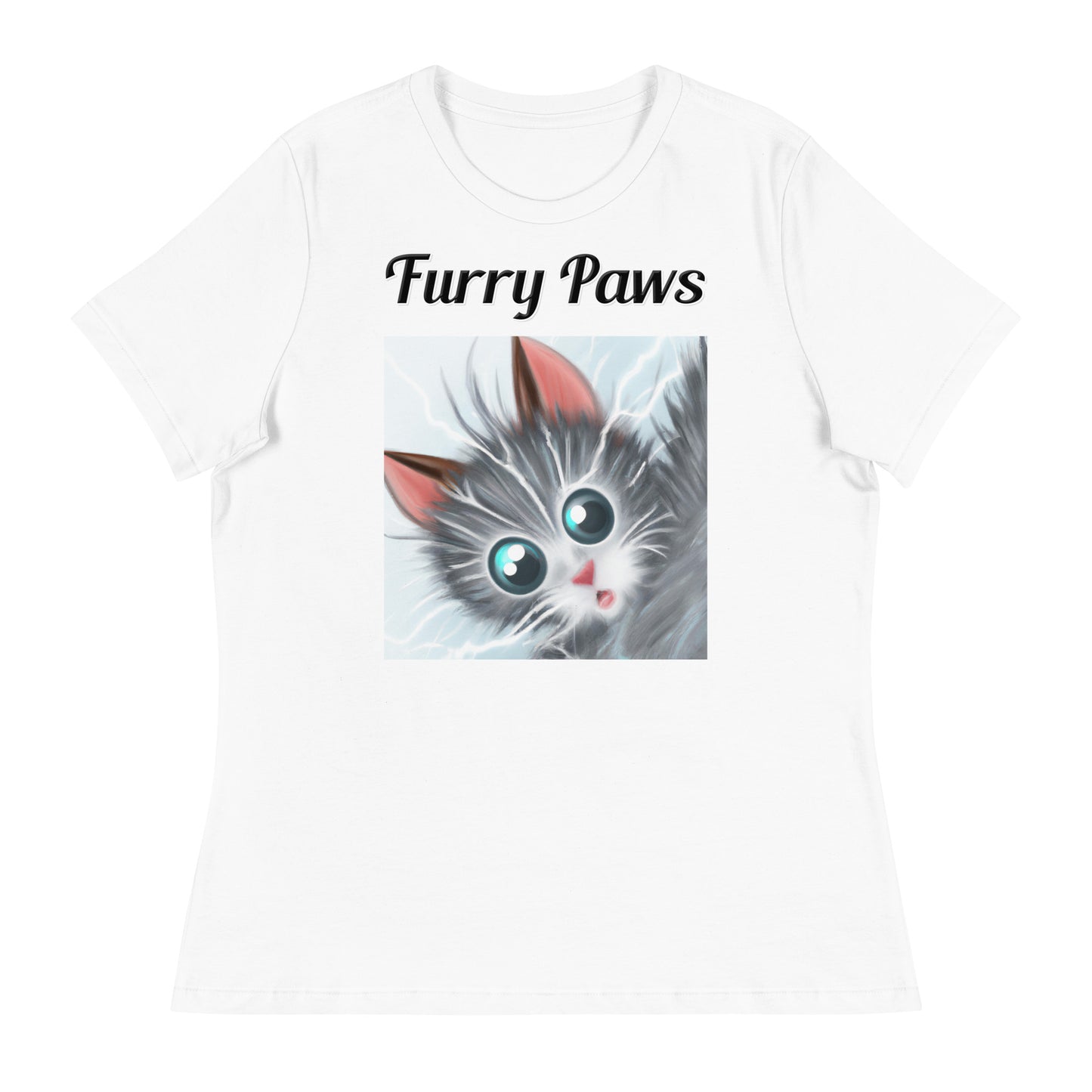 Women's White T-Shirt with text Surprised Gray Kitten with a text "Furry Paws" at $25.97 found at Personalizedpetlovergifts