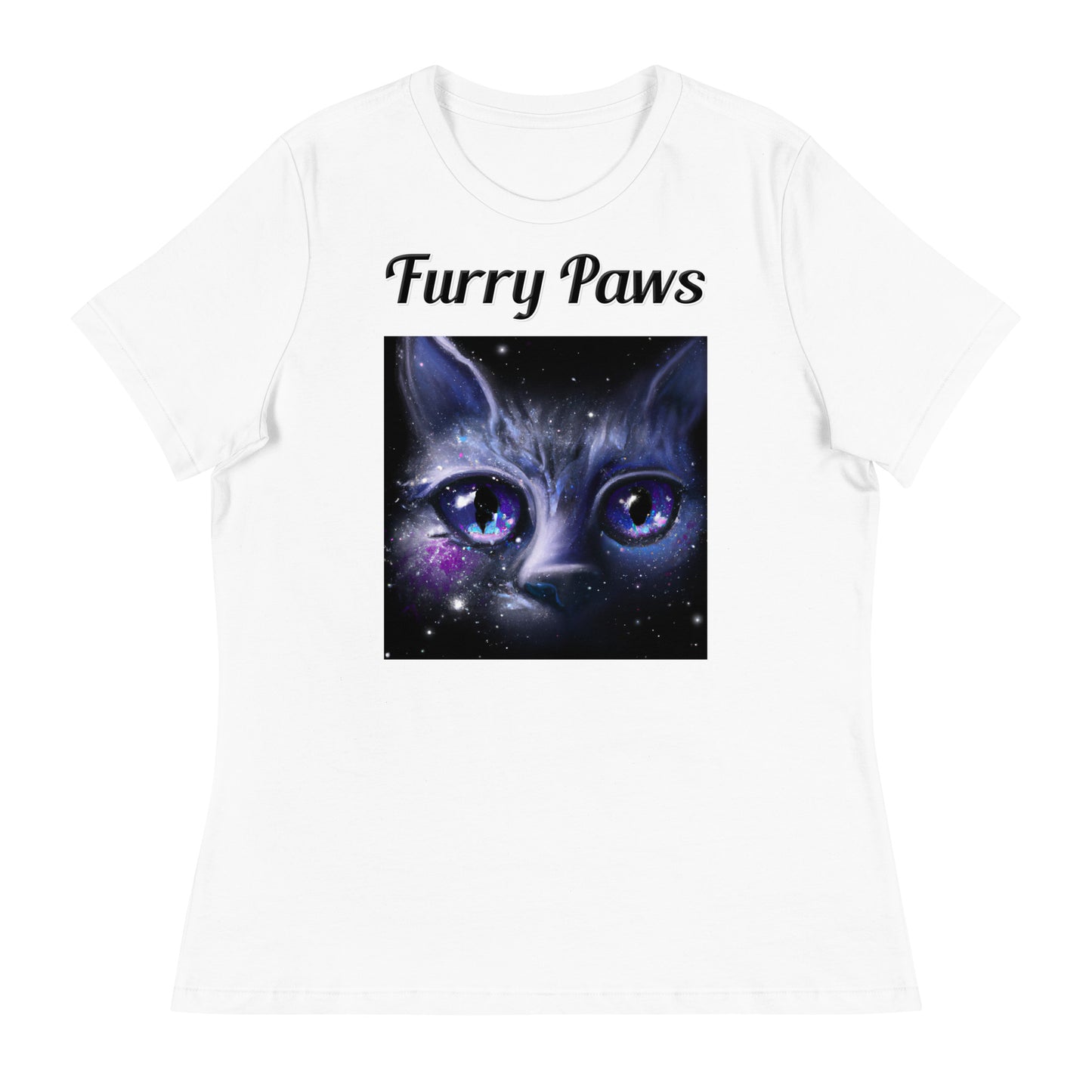 Women's White T-Shirt with text Space Cat with a text "Furry Paws" at $25.97 found at Personalizedpetlovergifts