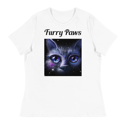 Women's White T-Shirt with text Space Cat with a text "Furry Paws" at $25.97 found at Personalizedpetlovergifts