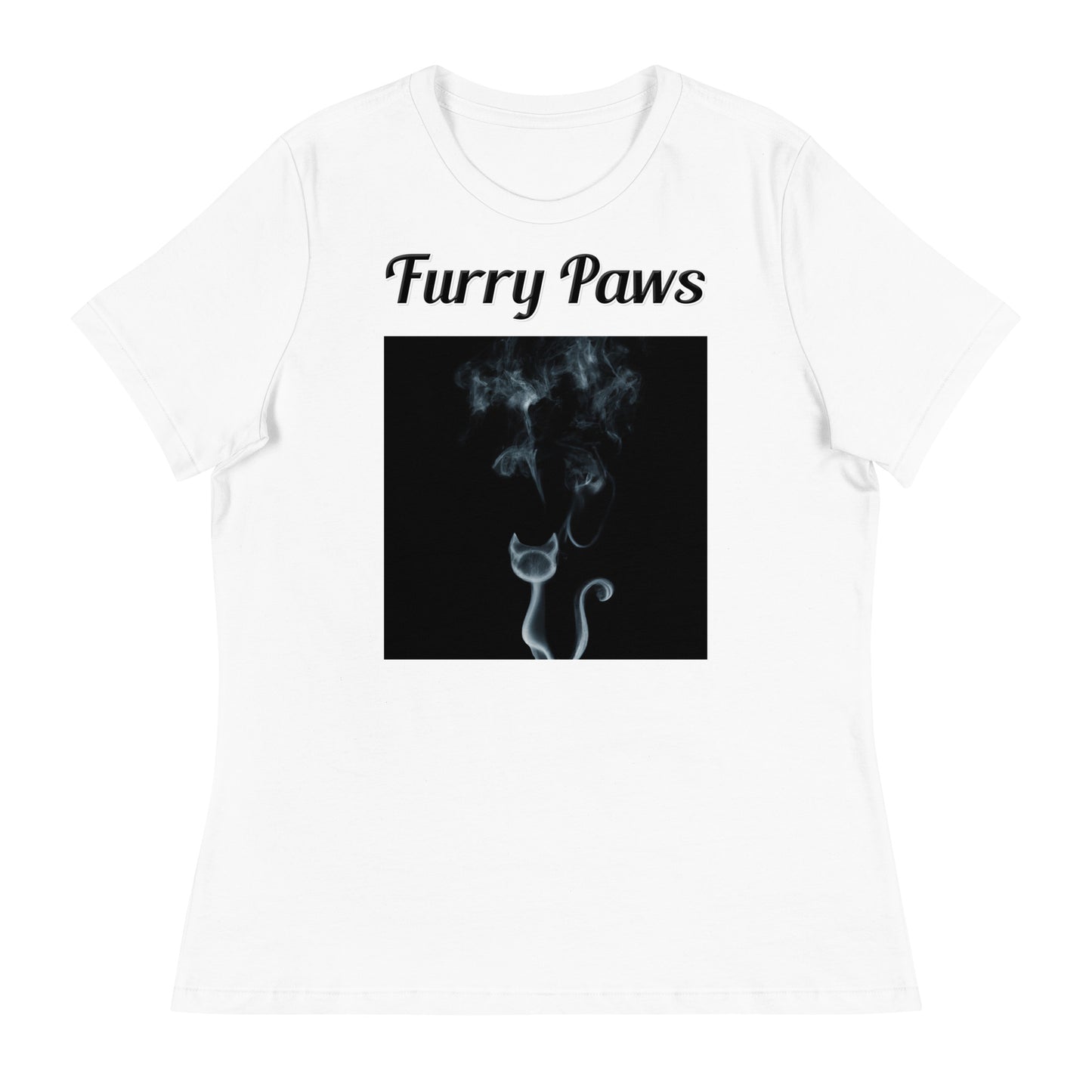 Women's White T-Shirt with text Smoky Cat with a text "Furry Paws" at $25.97 found at Personalizedpetlovergifts