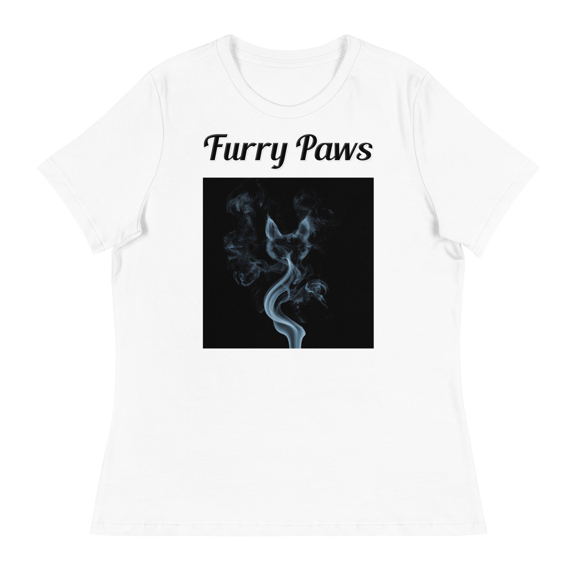 Women's White T-Shirt with text Smoke Shaped like A Cat with a text "Furry Paws" at $25.97 found at Personalizedpetlovergifts