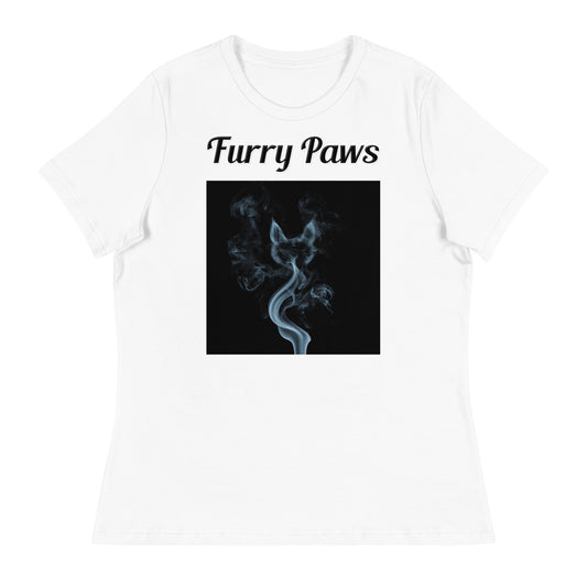 Women's White T-Shirt with text Smoke Shaped like A Cat with a text "Furry Paws" at $25.97 found at Personalizedpetlovergifts