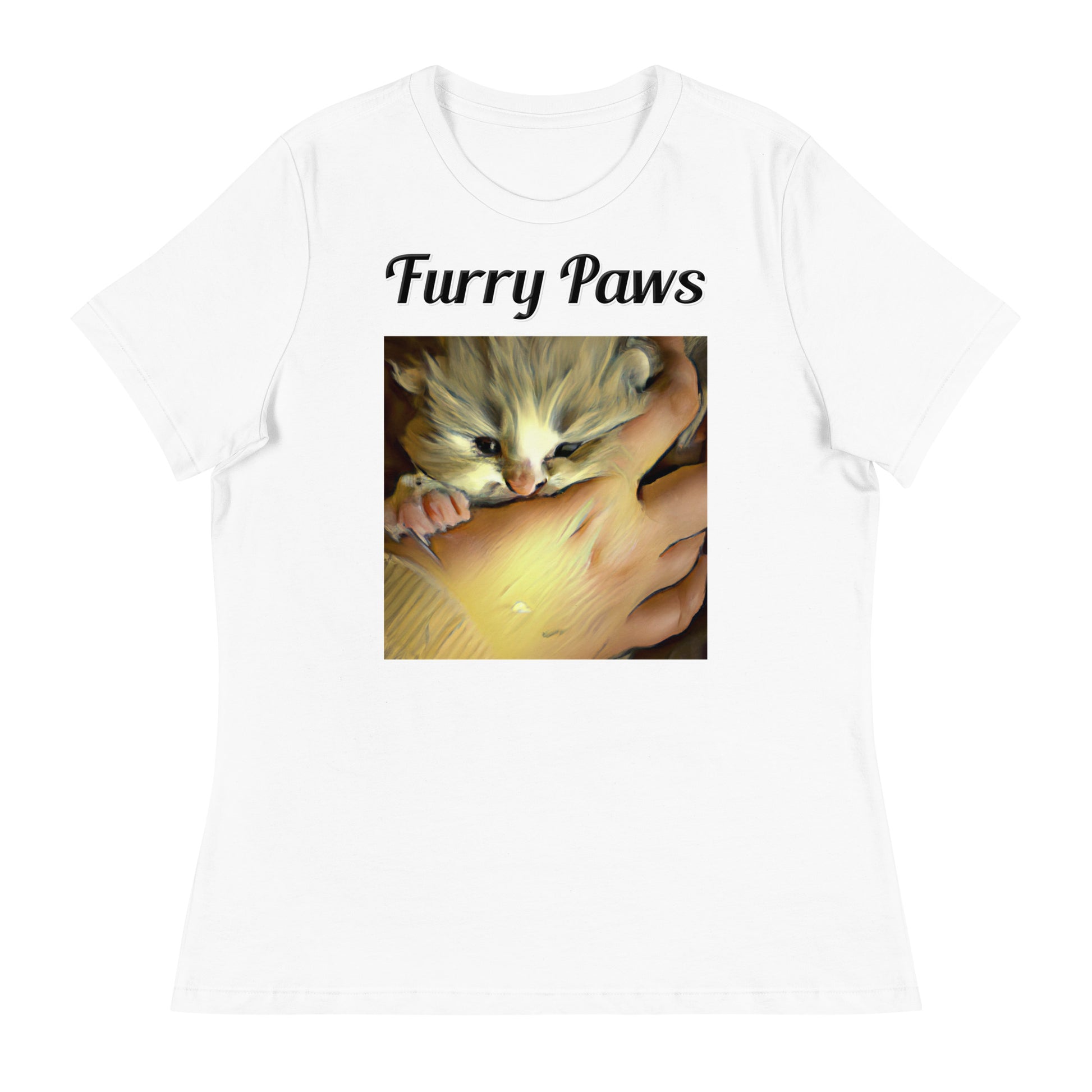 Women's White T-Shirt with text Small Kitten In Hand with a text "Furry Paws" at $25.97 found at Personalizedpetlovergifts