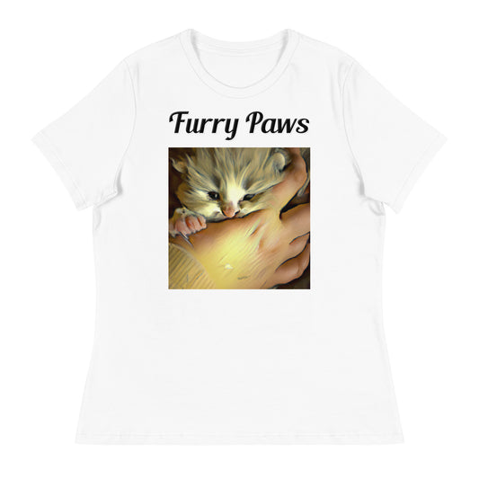 Women's White T-Shirt with text Small Kitten In Hand with a text "Furry Paws" at $25.97 found at Personalizedpetlovergifts