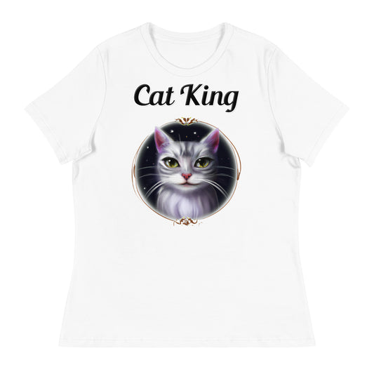 Women's White T-Shirt with text Wispy Whiskers Cat In a Circle with a text "Cat King" at $25.97 found at Personalizedpetlovergifts