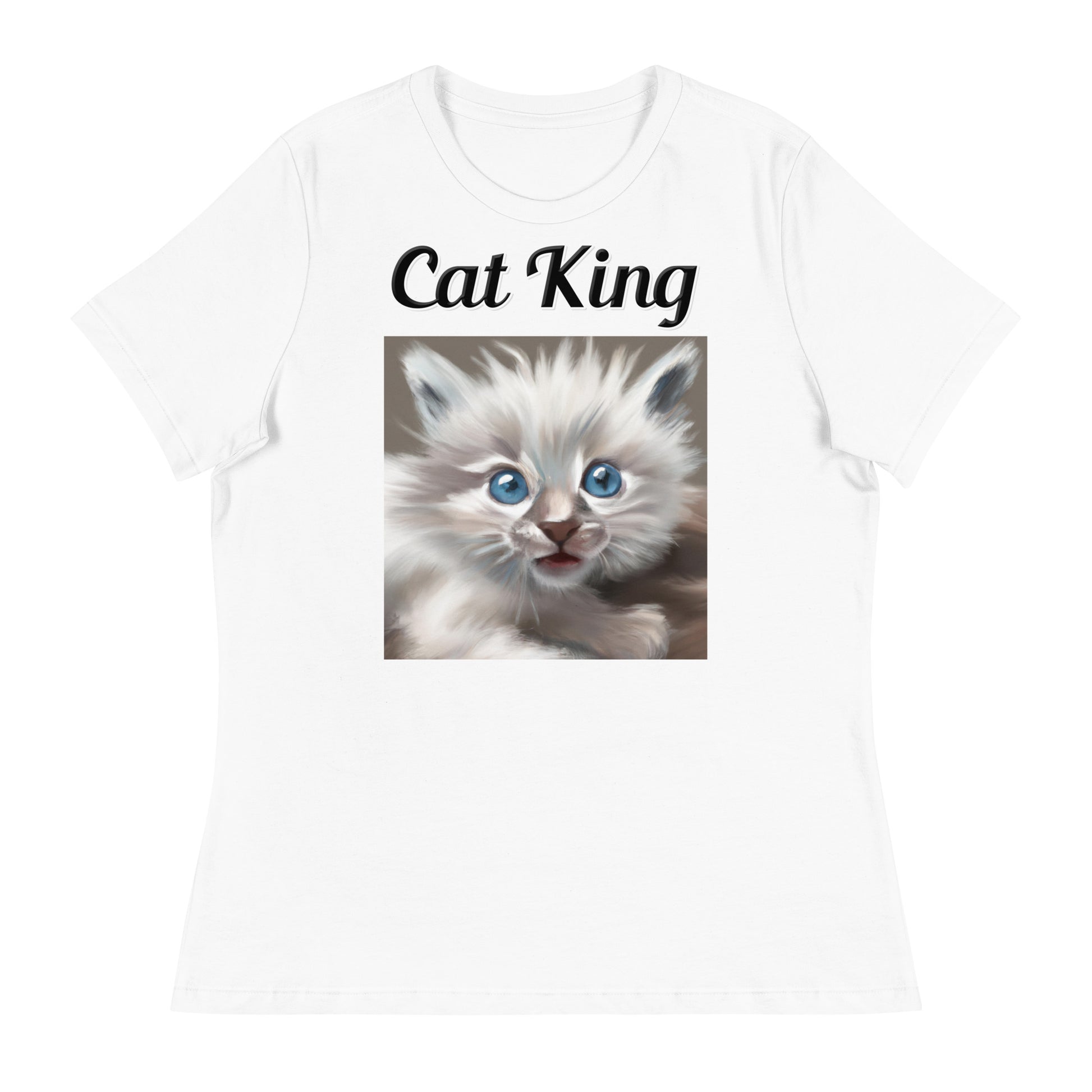 Women's White T-Shirt with text Wispy Kitten Painting with a text "Cat King" at $25.97 found at Personalizedpetlovergifts